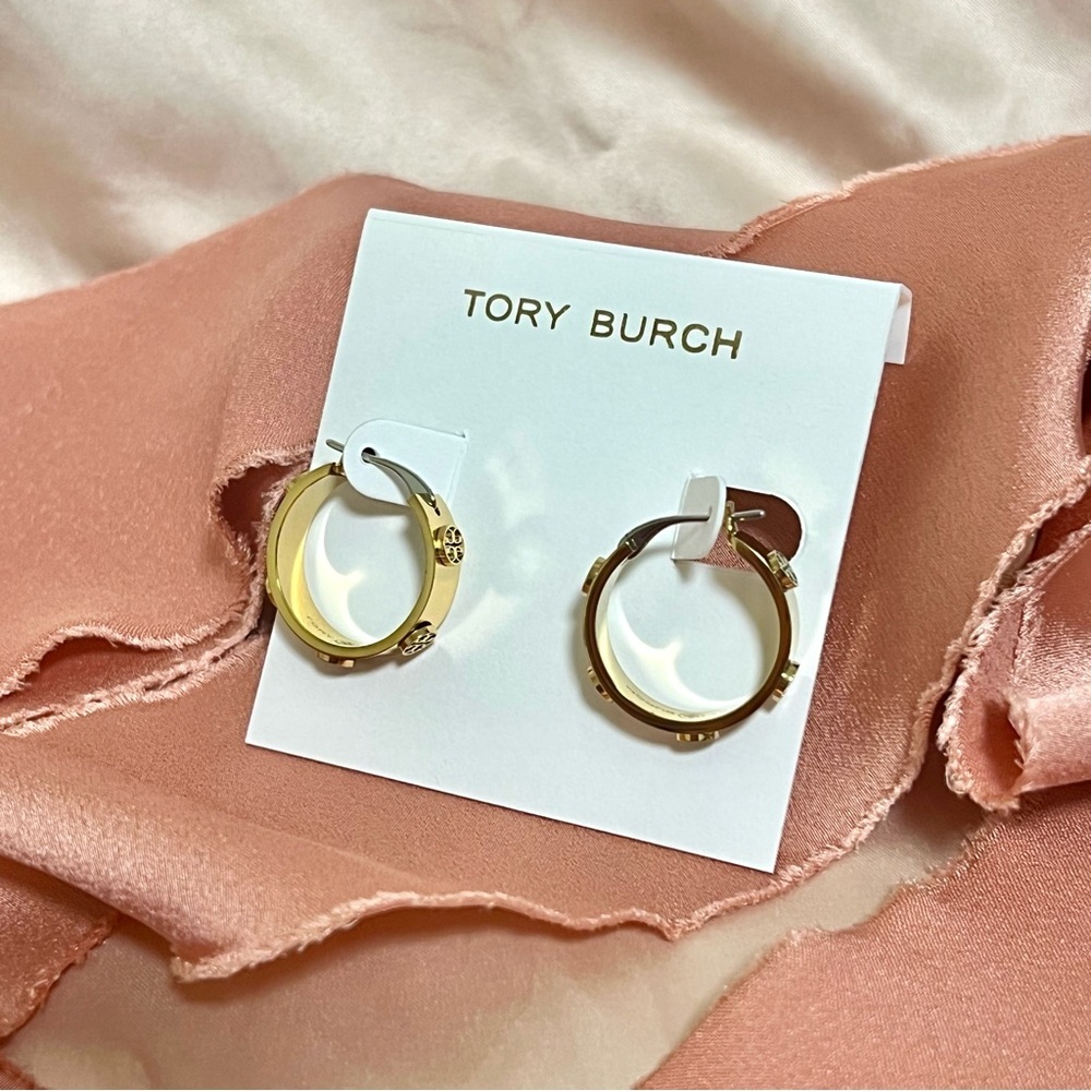 Tory Burch Miller Goldtone Logo Small Hoop Earrings - Picture 4 of 11